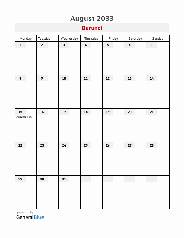 Burundi August 2033 Calendar with Holidays