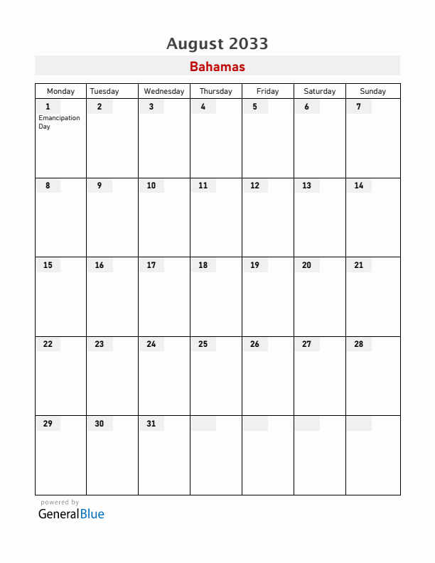 Bahamas August 2033 Calendar with Holidays