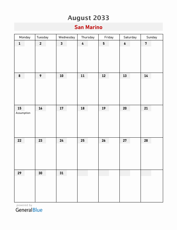 San Marino August 2033 Calendar with Holidays