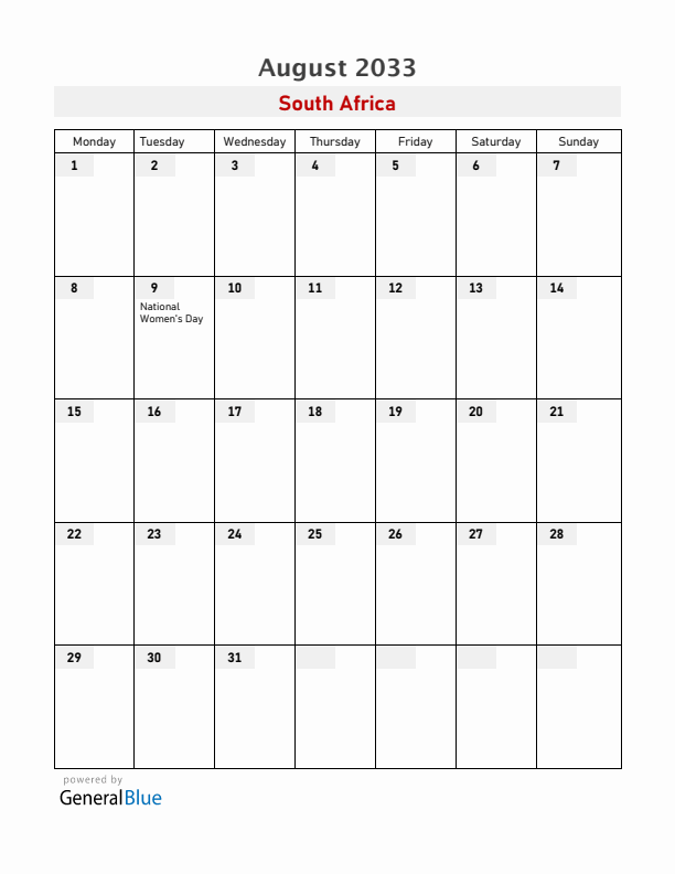 South Africa August 2033 Calendar with Holidays