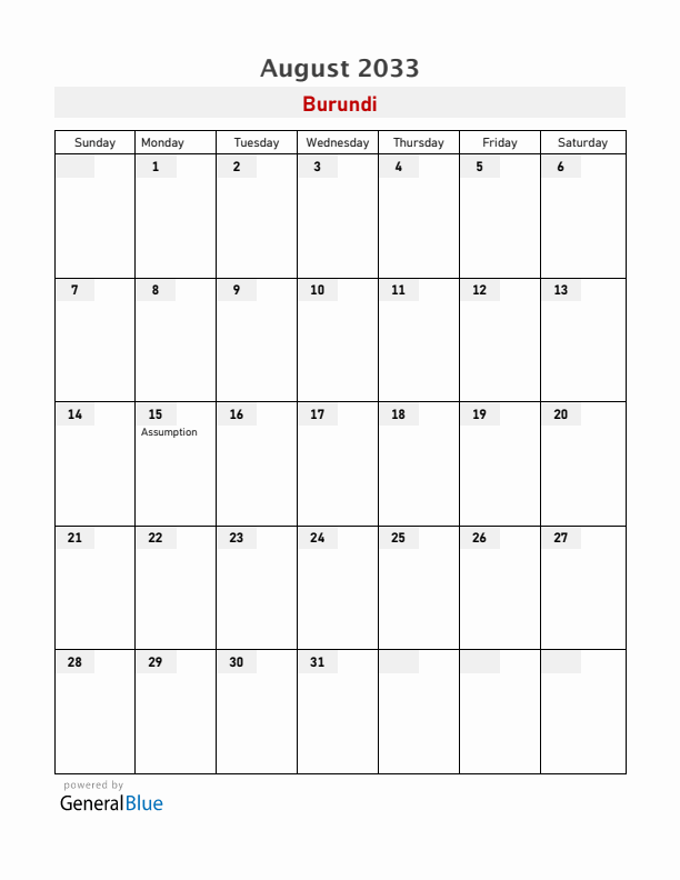 Burundi August 2033 Calendar with Holidays