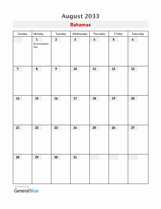 Bahamas August 2033 Calendar with Holidays