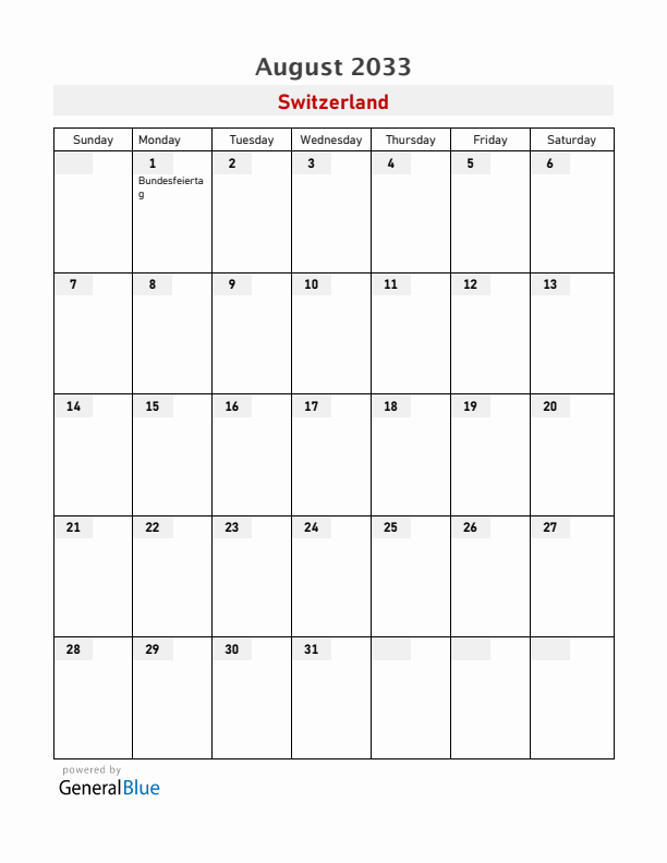 Switzerland August 2033 Calendar with Holidays