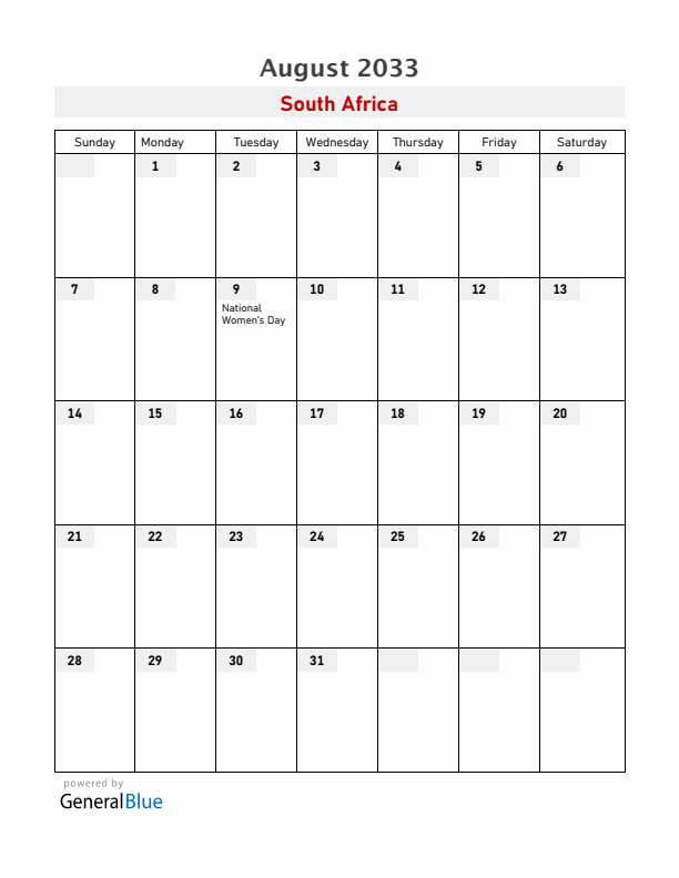 South Africa August 2033 Calendar with Holidays
