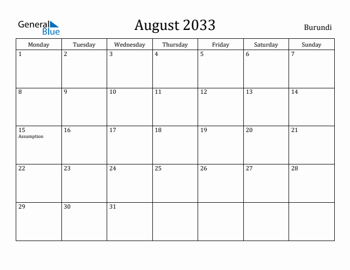 August 2033 Calendar Burundi