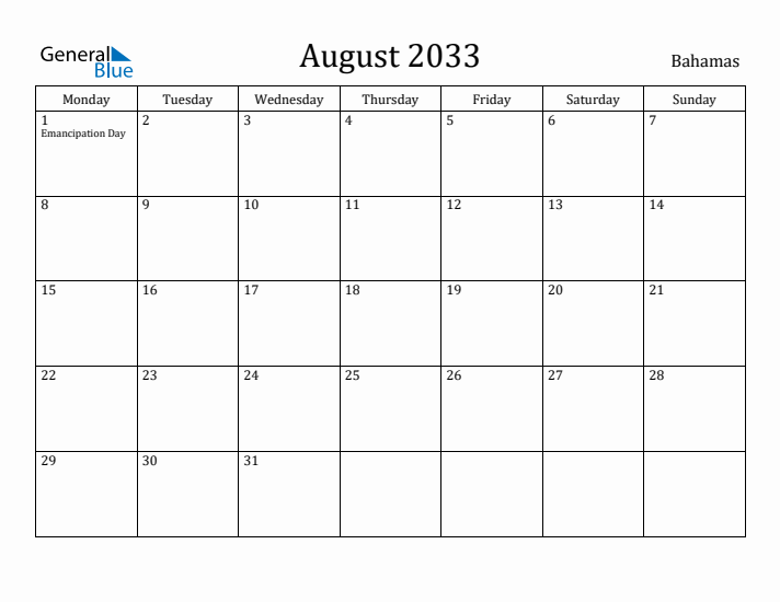 August 2033 Calendar Bahamas