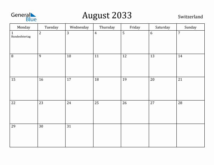August 2033 Calendar Switzerland