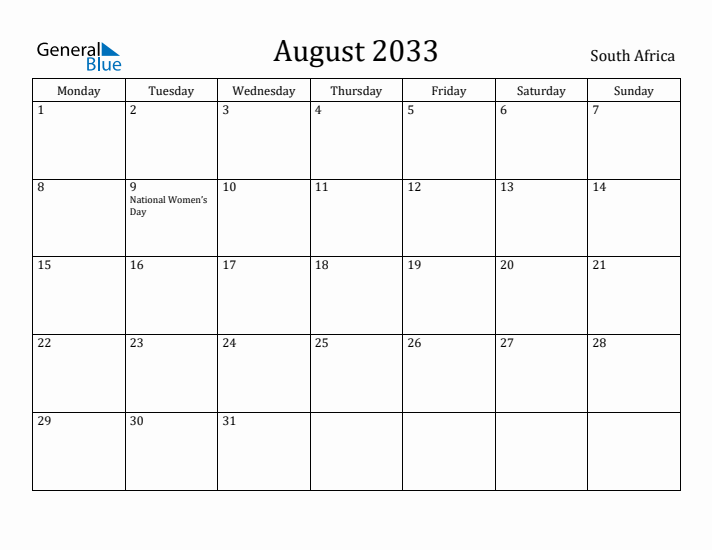 August 2033 Calendar South Africa