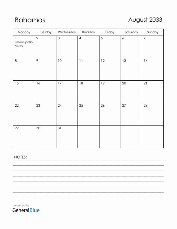 August 2033 Bahamas Calendar with Holidays (Monday Start)