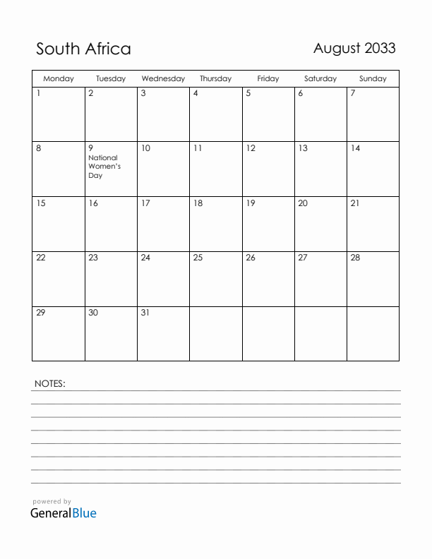 August 2033 South Africa Calendar with Holidays (Monday Start)