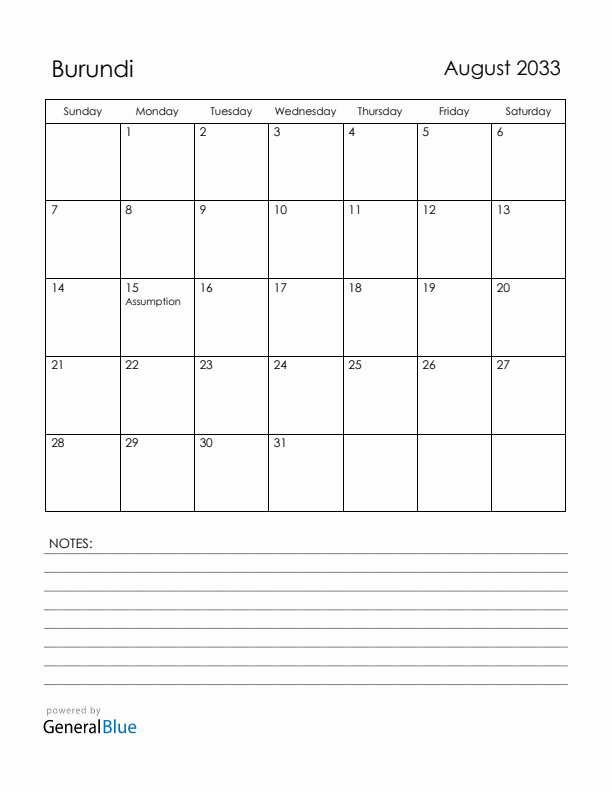 August 2033 Burundi Calendar with Holidays (Sunday Start)