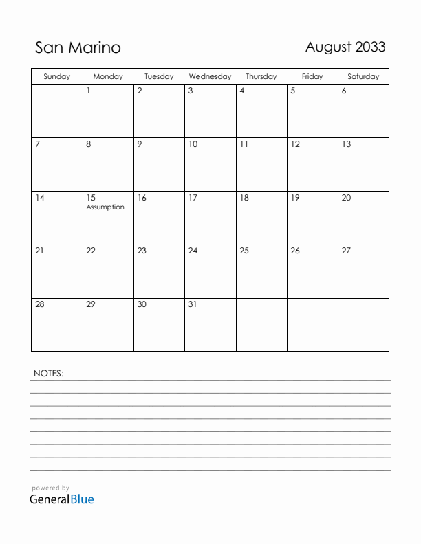 August 2033 San Marino Calendar with Holidays (Sunday Start)