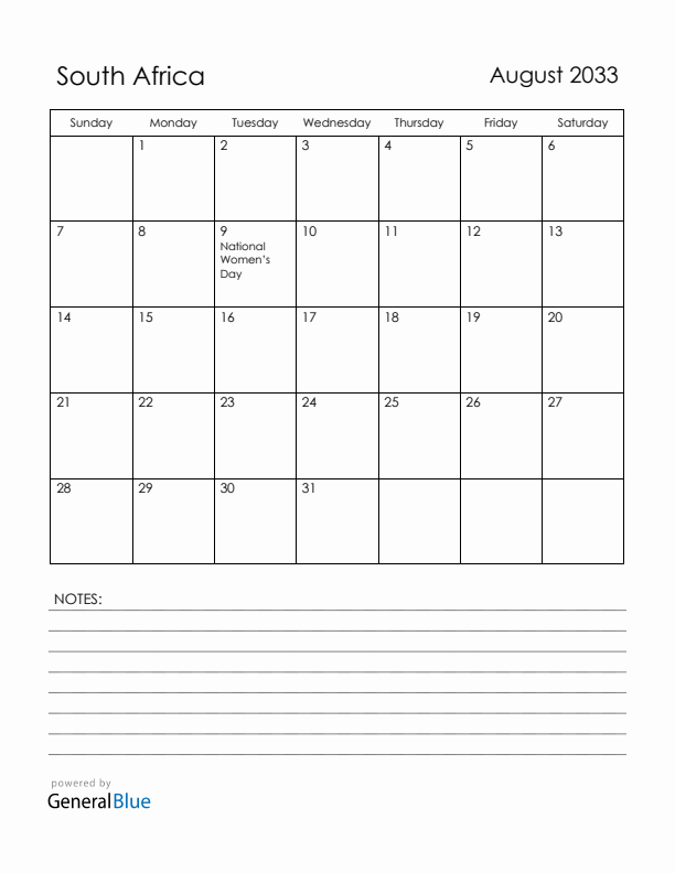 August 2033 South Africa Calendar with Holidays (Sunday Start)