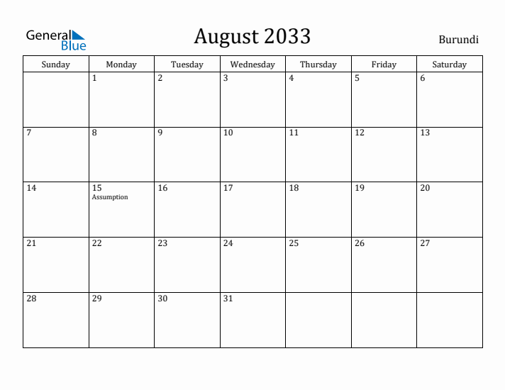 August 2033 Calendar Burundi