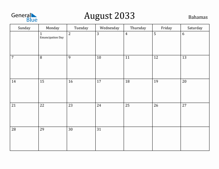 August 2033 Calendar Bahamas