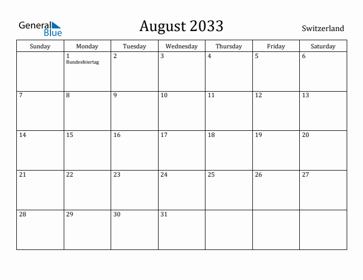August 2033 Calendar Switzerland