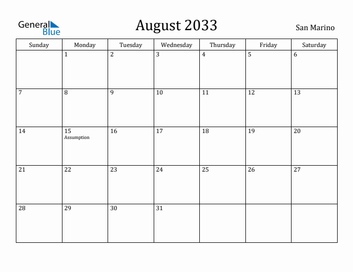 August 2033 Calendar San Marino