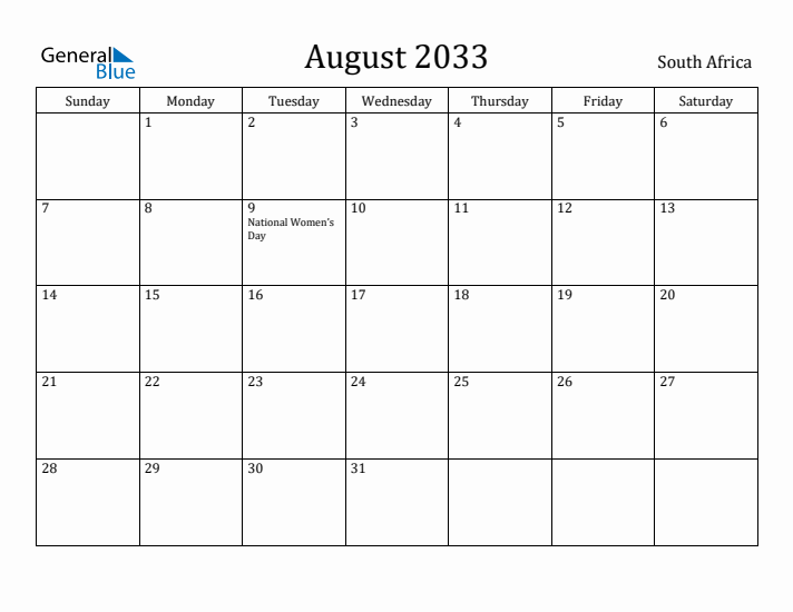 August 2033 Calendar South Africa