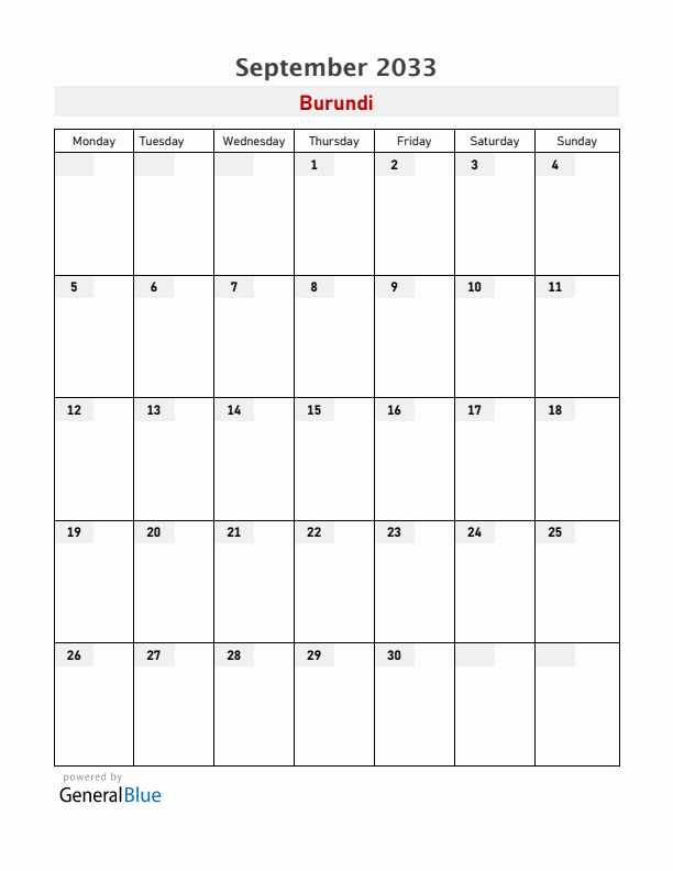 Burundi September 2033 Calendar with Holidays