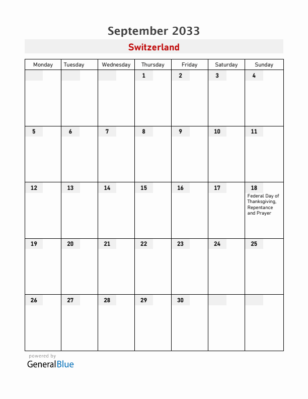 Switzerland September 2033 Calendar with Holidays