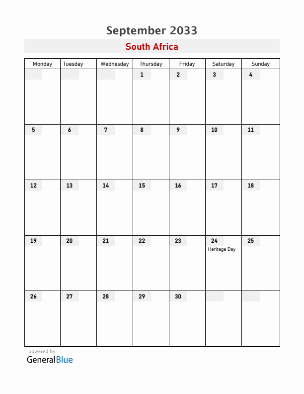 South Africa September 2033 Calendar with Holidays