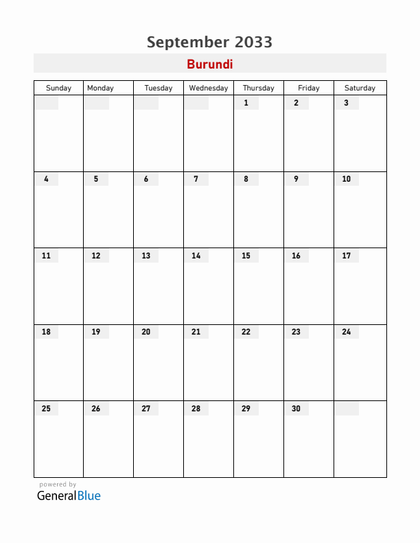 Burundi September 2033 Calendar with Holidays