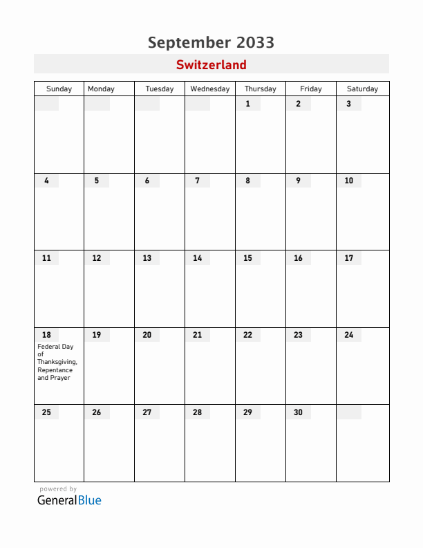 Switzerland September 2033 Calendar with Holidays
