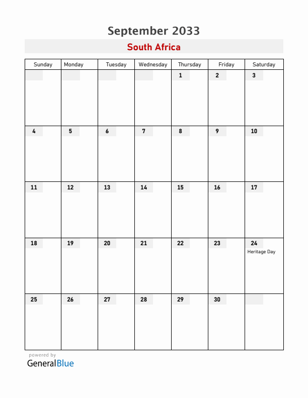 South Africa September 2033 Calendar with Holidays