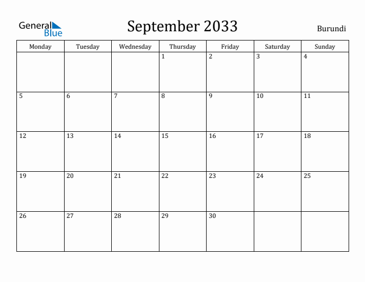 September 2033 Calendar Burundi