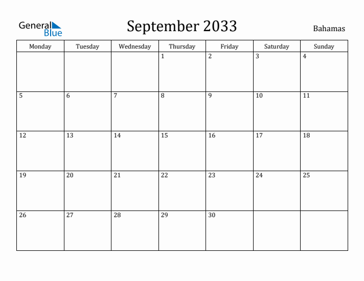 September 2033 Calendar Bahamas