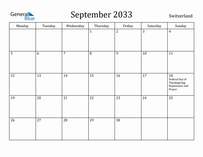 September 2033 Calendar Switzerland
