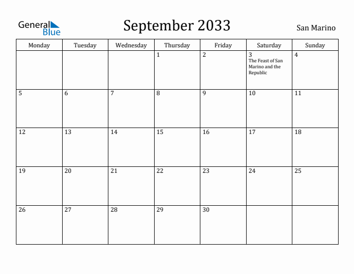 September 2033 Calendar San Marino