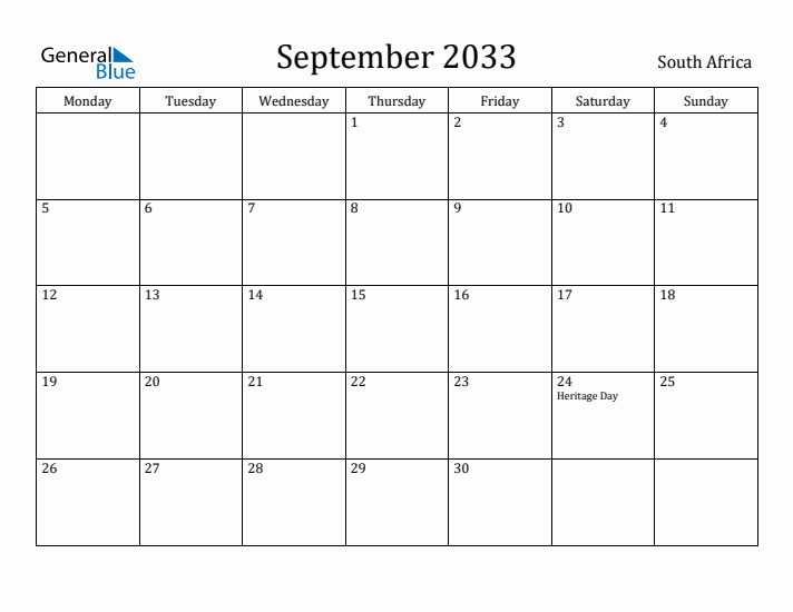 September 2033 Calendar South Africa