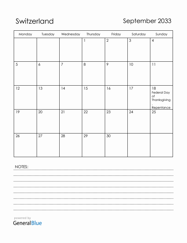 September 2033 Switzerland Calendar with Holidays (Monday Start)