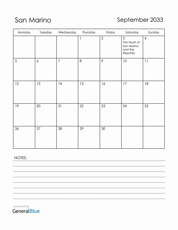 September 2033 San Marino Calendar with Holidays (Monday Start)