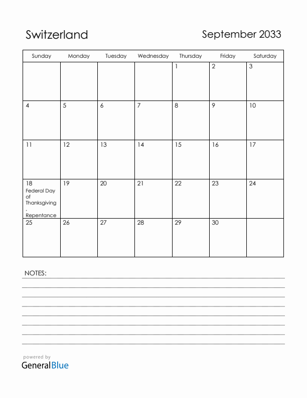 September 2033 Switzerland Calendar with Holidays (Sunday Start)