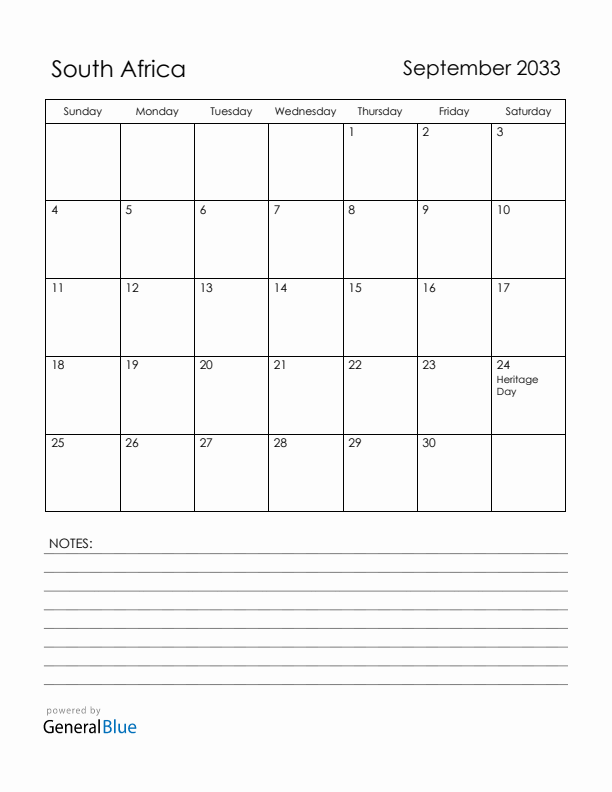 September 2033 South Africa Calendar with Holidays (Sunday Start)