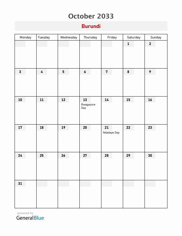 Burundi October 2033 Calendar with Holidays