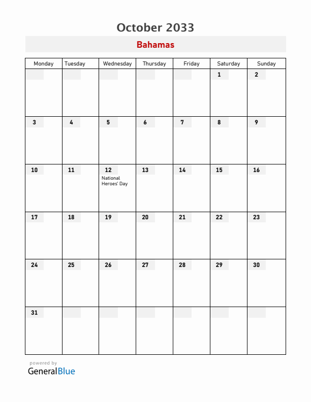 Bahamas October 2033 Calendar with Holidays