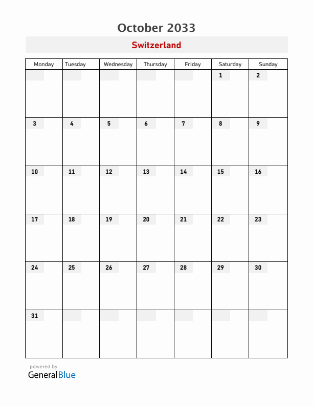 Switzerland October 2033 Calendar with Holidays