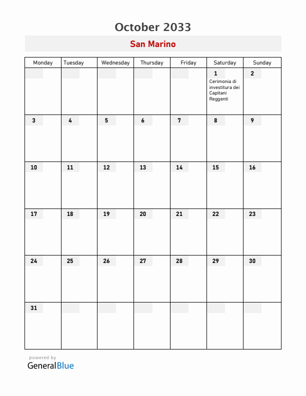 San Marino October 2033 Calendar with Holidays