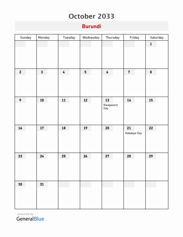 Burundi October 2033 Calendar with Holidays