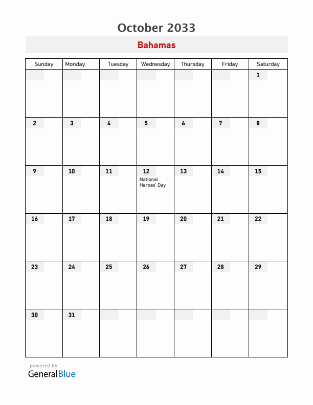 Bahamas October 2033 Calendar with Holidays