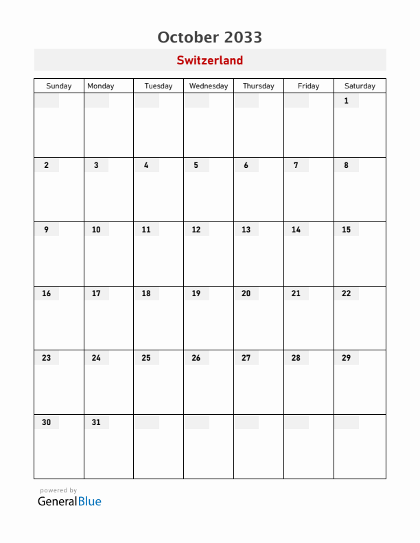 Switzerland October 2033 Calendar with Holidays