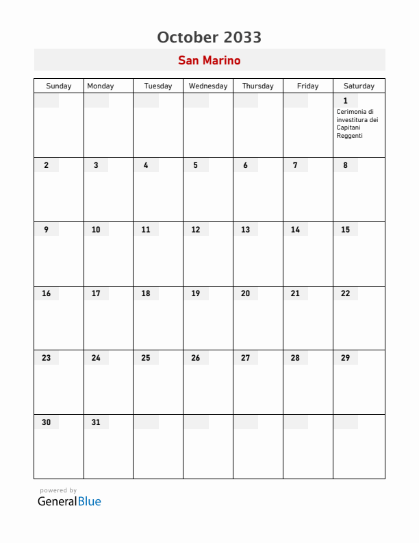 San Marino October 2033 Calendar with Holidays