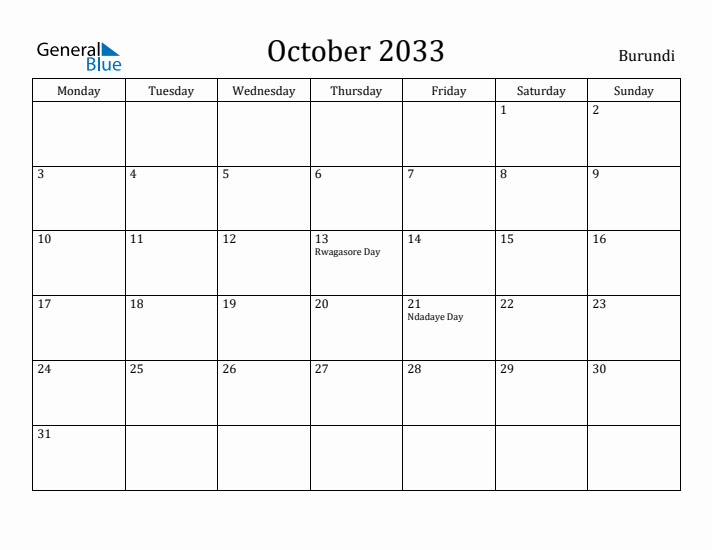 October 2033 Calendar Burundi