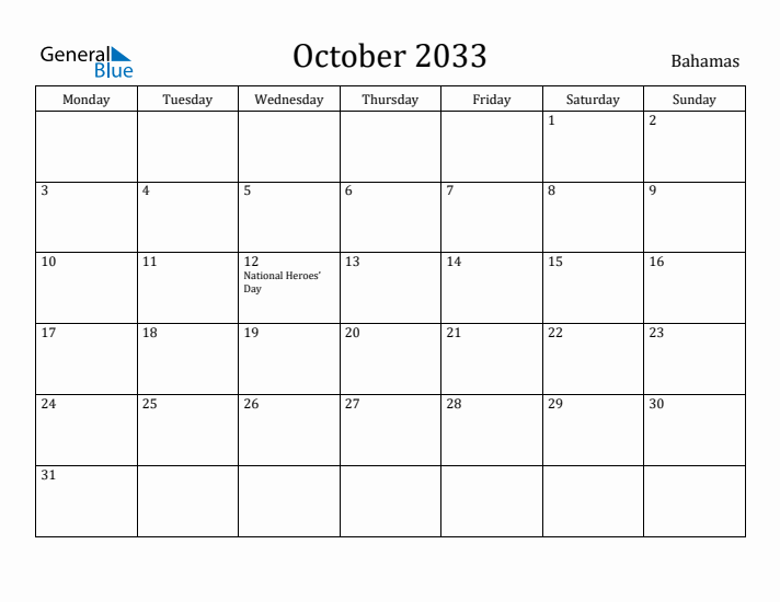 October 2033 Calendar Bahamas