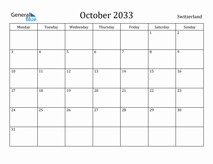 October 2033 Calendar Switzerland