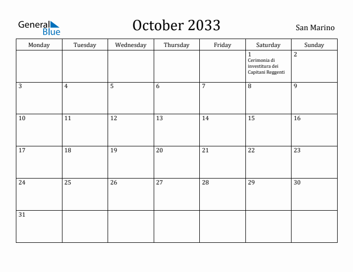 October 2033 Calendar San Marino