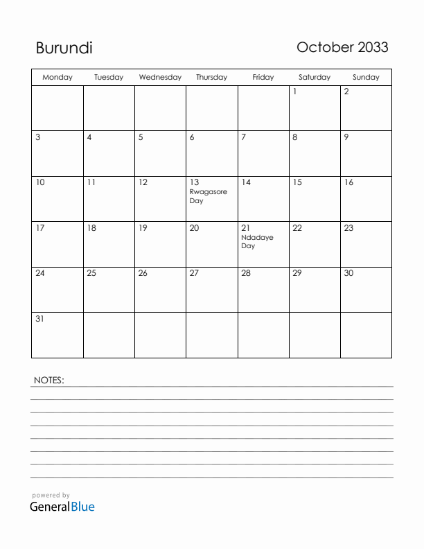 October 2033 Burundi Calendar with Holidays (Monday Start)